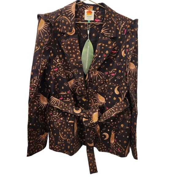 Farm Rio Leopard Sky Celestial Puff Sleeve Belted Blazer brown Jacket size large - Picture 5 of 9